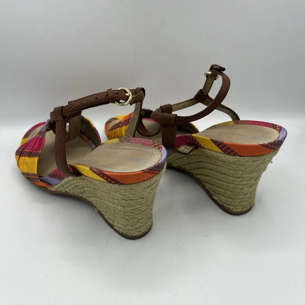 Rockport Womens Wedge Sandal Espadrile T-Strap Open Toe Leather Fabric 9 Striped